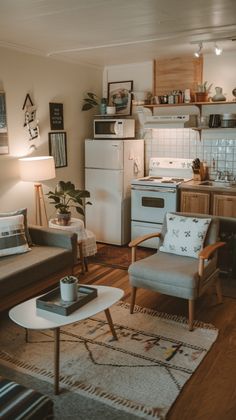 a living room filled with furniture and a white stove top oven