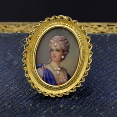 "For your consideration is this stunning vintage Victorian style pendant featuring a hand-painted miniature portrait on porcelain decorated with small single cut diamonds set in 18k yellow gold. This is a versatile piece that can be worn as a brooch or pendant. The portrait is intricately detailed with diamond accents decorating the woman's jewelry. Don't miss out on this item of extraordinary quality! Item details: Metal - 18k Yellow Gold Pendant Size - 43 mm x 38 mm Weight - 13.6 grams Main Ge Antique Gold Keepsake Round Pendant Jewelry, Vintage Gold-tone Pendant Jewelry, Collectible Gold-tone Pendant Jewelry, Antique Gold Cameo Pendant Necklace, Yellow Gold Cameo Pendant Jewelry, Diamond Paint, Miniature Portraits, Necklace Ideas, Cameo Jewelry