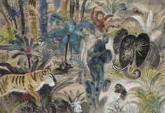 an animal painting with many different animals in the jungle, including zebras and other wild animals