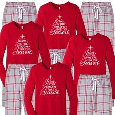 Jesus is the Reason Christmas Pajamas Outfit the whole family. Nothing says Christmas matching Jesus family pajamas...say cheese! This festive flannel set comes with a luxe 100% cotton t-shirt and plaid flannel pajama bottoms. Put the family to bed in their Christmas pjs and let them rip open those packages Christmas morning. Your options are endless. This cozy pajama set is so comfortable it will be your go to uniform all winter break long. Set includes a long sleeve t-shirt printed with the Je Cotton Sleep Sets For Christmas, Holiday Cotton Loungewear Sleepwear, Holiday Cotton Sleepwear For Loungewear, Holiday Long Sleeve Cotton Sets, Holiday Long Sleeve Loungewear Sets, Holiday Cotton Loungewear Sets, Holiday Cotton Sets For Pajama Party, Christmas Cotton Sets For Festive Occasion, Family Matching Holiday Loungewear Sets