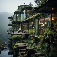 the house is surrounded by lush vegetation and water