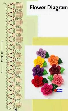 there are several different types of flowers on this page, and one is made out of crochet yarn