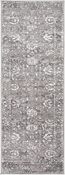 an area rug with grey and white designs on the front, in shades of gray