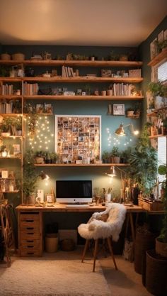 a home office with lots of plants and lights on the shelves, along with a computer desk