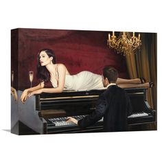 a painting of a woman laying on top of a piano next to a man in a suit