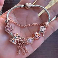 Authentic Pandora Rose Gold Heart Clasp Snake Bracelet With Fantasy Rose Gold Theme Charms Jewelry Charms: Ferris Wheel Dream Catcher Heart Star Floral Flower Bracelet Is Authentic Pandora, Excellent Condition. Charms Are Non Brand Charms, All Brand New. You’ll Get Everything In Pictures. Very Pretty Bracelet Set. Doesn’t Come With Pandora Pouch. Gorgeous! Fashion Forever Love Beads Charm Bracelets For Women With Siver Color Chain Bracelets As Couple Christmas Jeweley Pulseira Gift Perfect For G Rose Gold Metal Bracelets With Heart Charm, Rose Gold Metal Bracelets With Charms, Anniversary Rose Gold Sterling Silver Charm Bracelet, Rose Gold Charms Bracelet For Anniversary, Aesthetic Bracelets Beads, Charm Bracelet Aesthetic, Pandora Rose Gold Bracelet, Chicana Aesthetic, Girl Hood