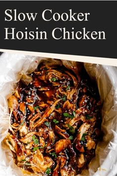 slow cooker hoisin chicken in a white bowl with text overlay that reads slow cooker hoisin chicken