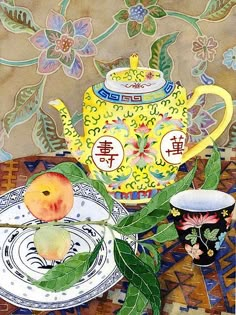 a painting of a tea pot and two cups on a table