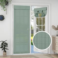 an open door with green curtains and a potted plant next to it