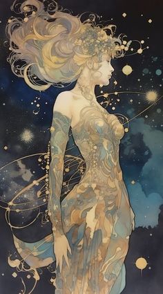 a painting of a woman with long hair standing in front of stars and circles on her body