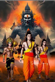 three men in orange and yellow outfits standing next to each other with an evil demon behind them