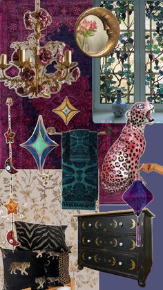 an assortment of decorative items are displayed in this collage with purple, blue and gold colors