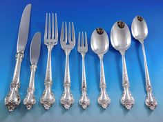 Monumental Delacourt by Lunt Sterling Silver Flatware set - 104 pieces. This set includes: 12 Knives, 9 1/8" 12 Forks, 7 1/2" 12 Salad Forks, 6 5/8" 12 Teaspoons, 6" 12 Place Soup Spoons, 6 7/8" 12 Hollow Handle Butter Spreaders, 6 1/4" 12 Cocktail Forks, 5 7/8" 12 Iced Tea Spoons, 7 3/8" 1 Gravy Ladle, 6 1/2" 1 Serving Spoon, 8 1/2" 1 Pierced Serving Spoon, 8 1/2" 1 Cold Meat Fork, 8" 1 Sugar Spoon, 6 1/8" 1 Hollow Handle Master Butter Knife, 6 7/8" 1 Pastry Server w/stainless blade, 10" 1 Chee Lunt Sterling Silver Flatware, Cold Meat, Tea Spoons, Butter Spreader, Sterling Silver Flatware, Sugar Spoon, Salad Fork, Silver Flatware, Serving Spoon