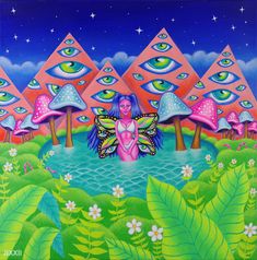 a painting of a woman surrounded by trees and mushrooms, with an eyeball in the background