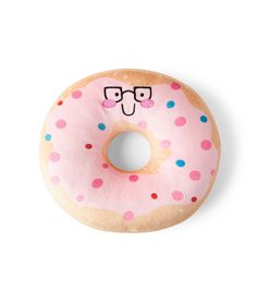 a donut with pink frosting and sprinkles has a face drawn on it