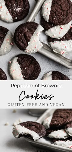 chocolate peppermint brownie cookies with white frosting and sprinkles