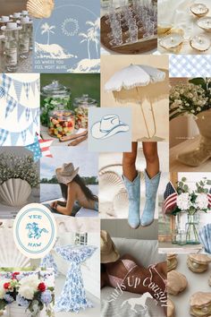 a collage of photos with blue and white colors, including shoes, umbrellas, sandals