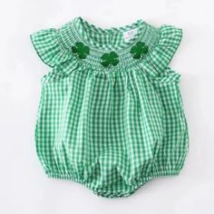 Brand New In Package Cotton/Spandex Summer Cotton Smocked Bubble Romper, Summer Cotton Smock Bubble Romper, Green Bubble Romper For Spring Playwear, Spring Green Bubble Romper For Playwear, Casual Bubble Romper With Smocked Back For Spring, Casual Spring Bubble Romper With Smocked Back, Green Bubble Romper With Ruffles For Playtime, Casual Cotton Bubble Romper With Smocked Back, Green Ruffled Bubble Romper For Playtime