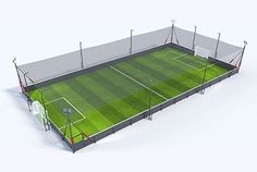 a 3d rendering of a tennis court with grass and fences on the sides, in front of a white background