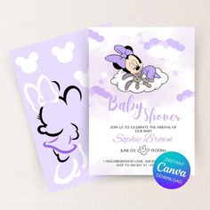 two purple and white baby shower cards with mickey mouse on the front, one is for a