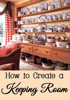 a room filled with lots of plates and bowls on top of a wooden shelf next to a window