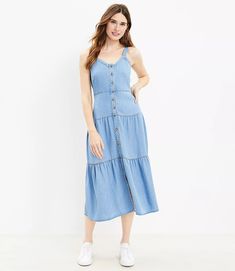 Chambray Strappy Tiered Button Midi Dress Button Midi Dress, Preppy Business Casual, Orange Midi Dress, Chambray Fabric, Black Dress With Sleeves, Halter Midi Dress, Tent Dress, Sleeveless Dress Summer, Tiered Midi Dress