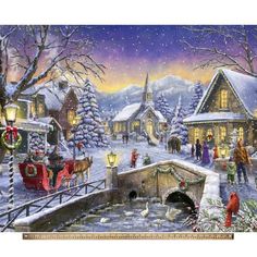 a christmas scene with people and horses in the snow near a small village at night