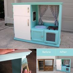 this dollhouse is painted blue and has an oven in the front, window on the back