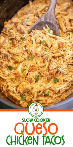 slow cooker cheesy chicken tacos in a crock pot with text overlay