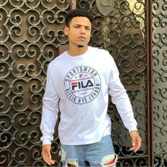 Amazing Fila T-Shirt Design Crew Neck 100% Cotton Casual Long Sleeve Shirt With Branding, White Long Sleeve T-shirt With Branding, Pre-shrunk Long Sleeve White Shirt, Pre-shrunk White Long Sleeve Shirt, Casual White Shirt With Branding, White Long Sleeve Shirt With Branding, Fila Vintage, Layered Long Sleeve, Camo Designs