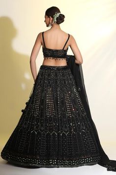 Black cancan attached lehenga featuring sequin, bead, cutdana, resham work all over. Paired with a sequin flower embellished padded blouse and dupatta. - Aza Fashions Festive Black Hand Embellished Sharara, Festive Hand Embellished Black Sharara, Black Hand Embellished Sets For Reception, Hand Embellished Black Sets For Reception, Black Hand Embellished Party Wear Lehenga, Traditional Black Hand Embellished Lehenga, Festive Black Hand Embellished Choli, Black Hand Embellished Fitted Lehenga, Black Hand Embellished Sets For Wedding