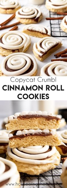 cinnamon roll cookies with white frosting and chocolate icing are stacked on top of each other