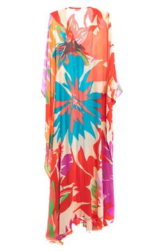 When you need a light layer, this drapey floral kaftan with a V-neckline is always the right choice. 100% rayon Hand wash, line dry Imported Model stats: 5'10" height, 32" bust, 25" waist, 36" hip. Model is wearing size One Size. V-neck Viscose Kaftan For The Beach, Silk Kaftan With Floral Print And V-neck, Silk Floral Print Kaftan For Beach Cover-up, Silk Floral Print Patterned Kaftan, Summer Viscose Kaftan, Spring Vacation Kaftan In Viscose, Multicolor Rayon Kaftan For Spring, Spring Multicolor Rayon Kaftan, Patterned Silk Kaftan For Beach