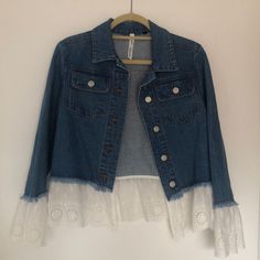 All Offers Always Considered. Nwot Perfect Addition To Your Spring/Summer Wardrobe. Trendy Denim Jacket With White Lace Trim. Never Worn! Size M Denim Outerwear For Summer Day Out, Medium Wash Denim Jacket For Summer Day Out, Denim Blue Summer Outerwear For Day Out, Summer Denim Blue Outerwear For Day Out, Summer Cotton Denim Jacket With Frayed Hem, Trendy Summer Denim Jacket With Frayed Hem, Summer Denim Jacket With Frayed Hem For Day Out, Dark Wash Summer Outerwear For Day Out, Blue Denim Jacket For Spring Day Out