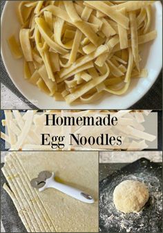 homemade egg noodles are shown in four different pictures