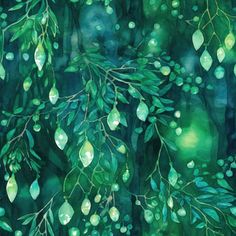 watercolor painting of green leaves and branches in the forest with raindrops on them