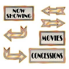 some signs with arrows pointing in different directions and the words now showing movies on them