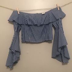 Cute Crop Top Perfect For Spring And Summer! Nwt. Size Large Blue Cropped Ruffle Top, Spring Blue Ruffled Crop Top, Striped Cotton Tops For Brunch, Blue Long Sleeve Crop Top For Summer, Chic Blue Cotton Crop Top, Cotton Striped Tops For Brunch, Fitted Striped Top For Brunch, Fitted Striped Blouse For Vacation, Fitted Striped Blouse For Beach