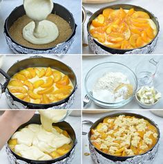 four pictures showing how to make peach cobbler with ice cream being poured on top