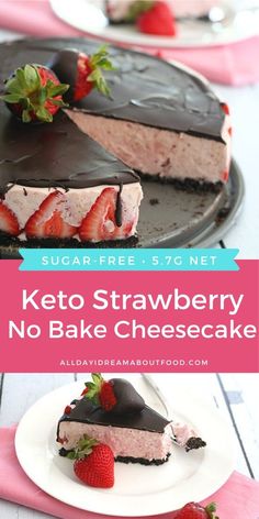 keto strawberry no bake cheesecake on a plate