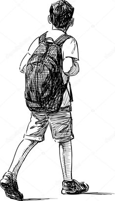 a man with a backpack is walking down the street sketched on white paper, hand drawn