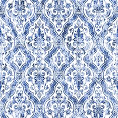 an ornate blue and white wallpaper pattern