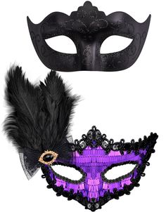 PRICES MAY VARY. Package includes - there are 2 pcs black and violet feather masquerade masks set for couples, the black plastic masquerade mask for men, the black & violet sequins masquerade mask with feathers and rhinestone decor for women Premium material - SIQUK masquerade masks are made of strong, durable and lightweight plastic, no extra glue and no discoloration, the feather masquerade mask couples set can be molded easily to the face contours of the wearers One size fits most - the coupl Venetian Costume, Couples Masquerade Masks, Mens Masquerade Mask, Halloween Costume Mask, Face Contouring, Mardi Gras Mask, Costume Mask, Masks Masquerade, Mask Party