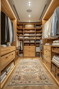 a walk - in closet with lots of drawers and rugs on the floor next to it