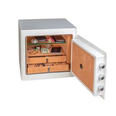 an open white cabinet with drawers and items inside