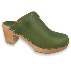 Are you looking for quality high heel clogs? GREENO Klogga - stylish and elegant Swedish clogs from quality fullgrain leather on wooden high heel soles GREENO clogs are made from quality real leather. This clog is a perfect blend of comfort and style. It offers optimal support and a timeless look. GREENO clogs are also lightweight due to their poplar wood soles. The green colour is nice to the eye and fashionable. GREENO clogs are in classic style so you can wear them with any outfit. They are s Sanita Clogs, High Heel Clogs, Swedish Clogs, Leather Factory, Clogs And Mules, Wooden Clogs, Clog Sandals, Leather Clogs, Clogs Shoes