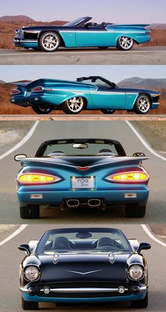 three different cars are shown side by side, one is blue and the other is black