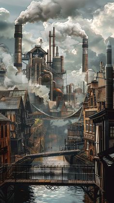 Steampunk city in a fantasy world with bridged and skyscapers.  #steampunk #fantasy #imagination #illustration #industrial Fantasy City Inspiration, Industrial City Aesthetic, Steampunk Fantasy World, Steampunk World Art, Fantasy Buildings Concept Art, Steampunk City Aesthetic