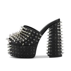 TAAFO Black Rivet Studded Closed Thick High Heel Platform Mules Shoes For Women Spike Heels Black-40 Trendy Black Heels With Metal Feet, Punk Style Synthetic Heels For Spring, Black Punk Pointed Toe Heels, Black Pointed Toe Punk Heels, Black Punk Heels With Pointed Toe, Spring Punk Synthetic Heels, Black Punk Closed Toe Heels, Black Closed Toe Punk Heels, Black Punk Heels With Closed Toe