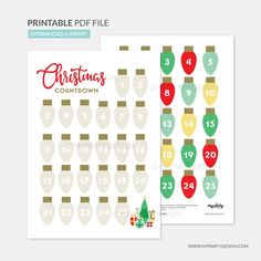 two christmas printables with numbers and ornaments on the front, one for each